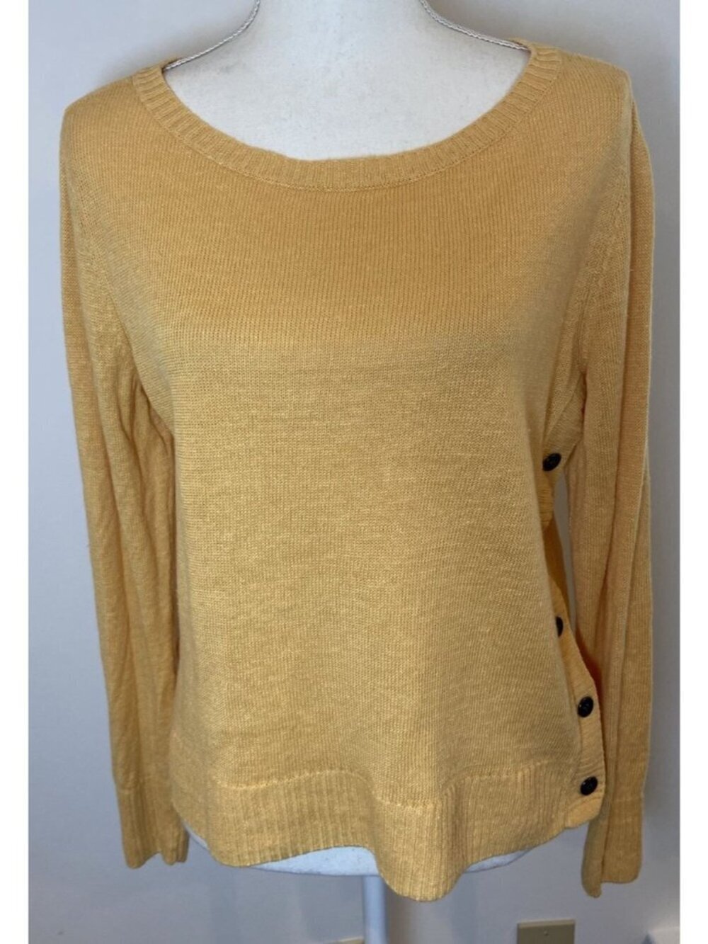 Eileen Fisher Pullover Sweater Organic Linen Side Button Yellow Medium M